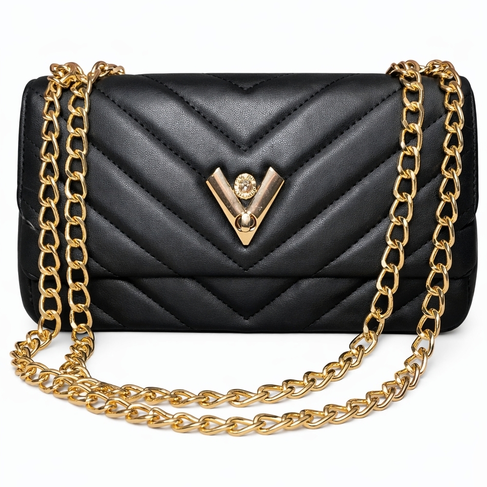 🆕️Orlandin Valentino Black Quilted Chain Shoulder Bag Gold V Logo Crossbody